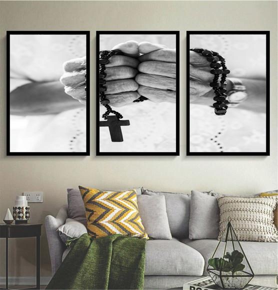 3 Quadros Jesus Cristo Fé Oração Religioso Decoração Moldura