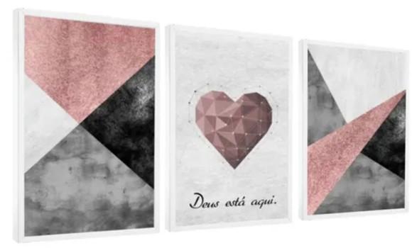 3 Quadros Geométricos Rosa Coração Casal Decoração Molduras