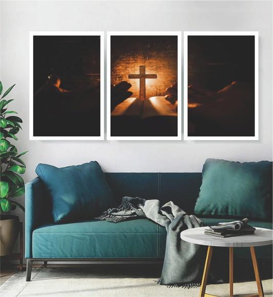 3 Quadros Jesus Cristo Religioso Decoração Conjunto Moldura