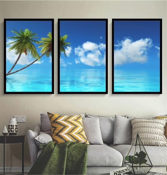 3 Quadros Mar Azul Paisagem Praia Decoração Coqueiro Moldura