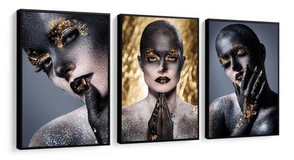 3 Quadros Mulheres Maquiagem Dourado Decoração Com Molduras
