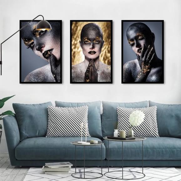 3 Quadros Mulheres Maquiagem Dourado Decoração Com Molduras