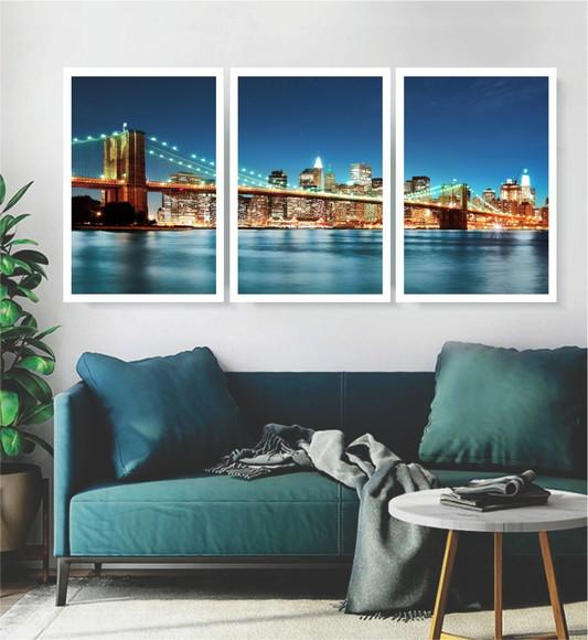 3 Quadros Nova York Cidade Ponte Brooklyn Decoração Molduras