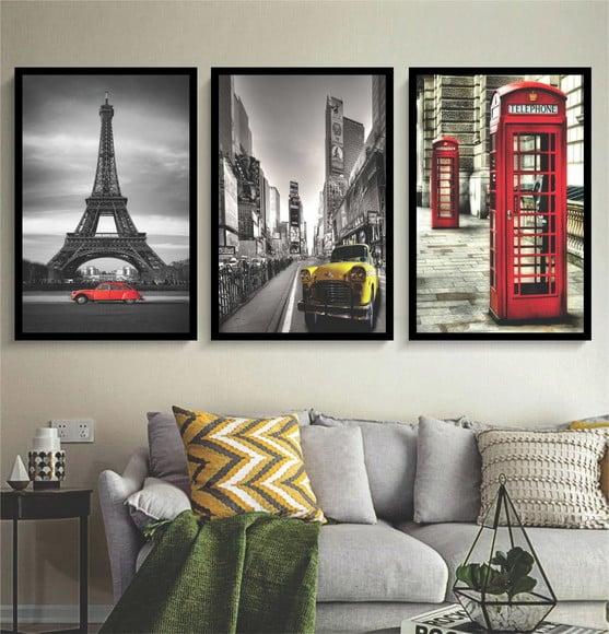 3 Quadros Nova York Londres e Paris Decoração Cidade Moldura