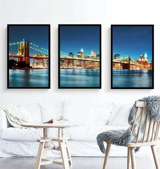 3 Quadros Nova York Cidades Ponte Brooklyn Decoração Moldura