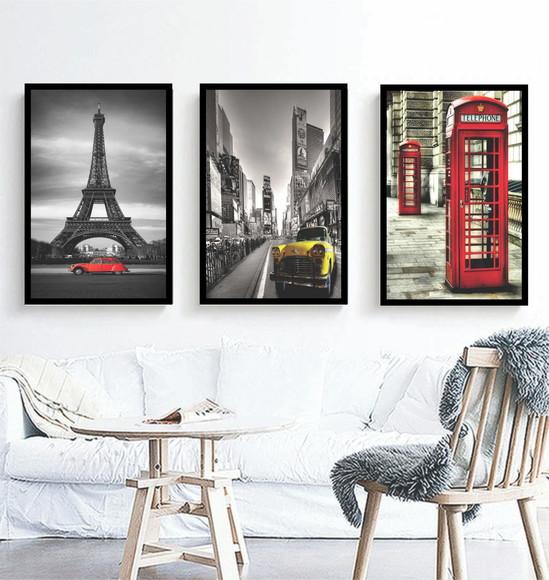 3 Quadros Nova York Londres e Paris Decoração Cidade Moldura