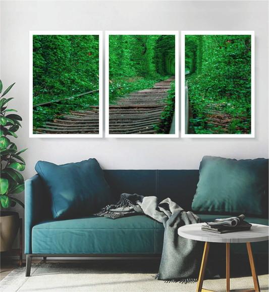 3 Quadros Paisagem Folhagem Verde Trilhos Decoração Moldura