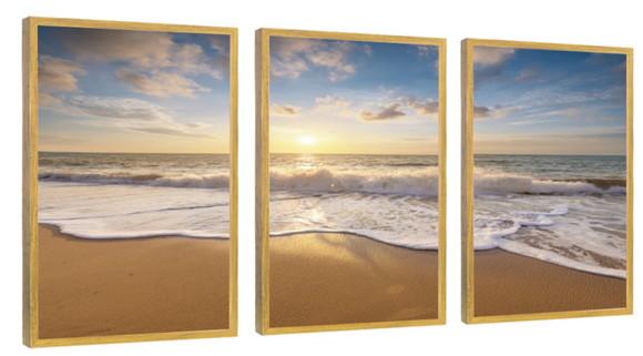 3 Quadros Paisagem Mar Praia Sol Decoração Conjunto Molduras