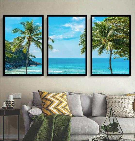 3 Quadros Paisagem Praia Azul Coqueiro Decoração Com Moldura