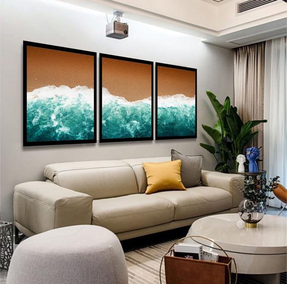 3 Quadros Paisagem Praia Decoração Conjunto Grande Molduras