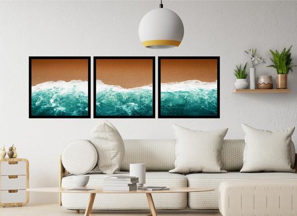 3 Quadros Paisagem Praia Decoração Conjunto Grande Molduras