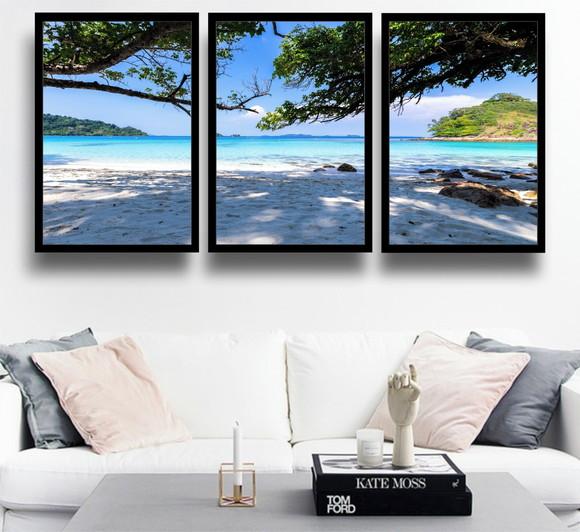 3 Quadros Paisagem Praia Mar Decoração Oceano com Molduras