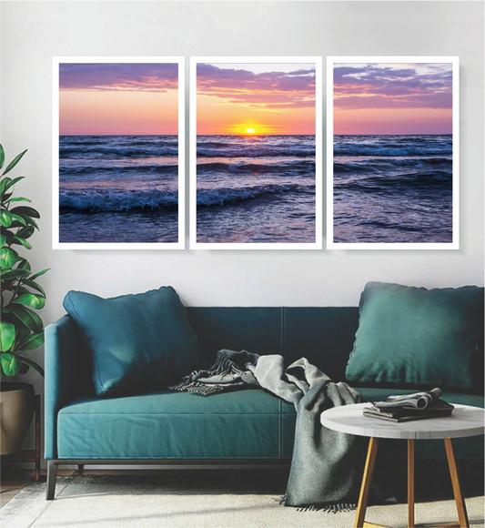 3 Quadros Paisagem Praia Mar Sol Decoração Conjunto Moldura