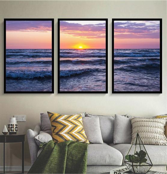 3 Quadros Paisagem Praia Mar Sol Decoração Conjunto Moldura