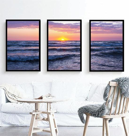 3 Quadros Paisagem Praia Mar Sol Decoração Conjunto Moldura