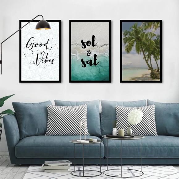 3 Quadros Paisagem Praia Praia Good Vibes Decoração Moldura