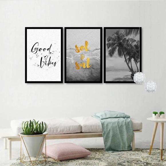 3 Quadros Paisagem Praia Praia Good Vibes Decoração Moldura