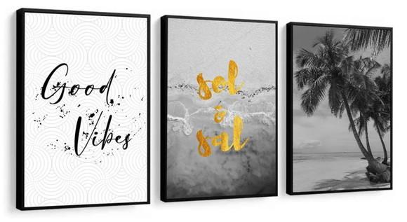 3 Quadros Paisagem Praia Praia Good Vibes Decoração Moldura