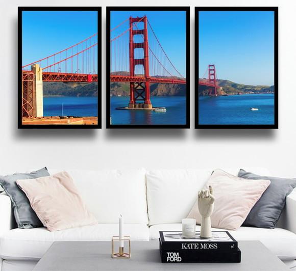3 Quadros Ponte Golden Gate São Francisco Decoração Moldura