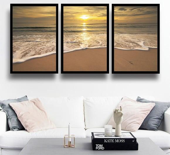 3 Quadros Pôr Do Sol Decoração Praia e Mar Litoral Molduras