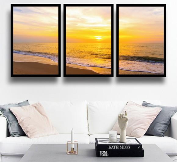 3 Quadros Pôr Do Sol Decoração Praia Litoral Vista Moldura