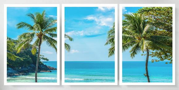 3 Quadros Praia Azul Coqueiro Paisagem Decoração Com Moldura