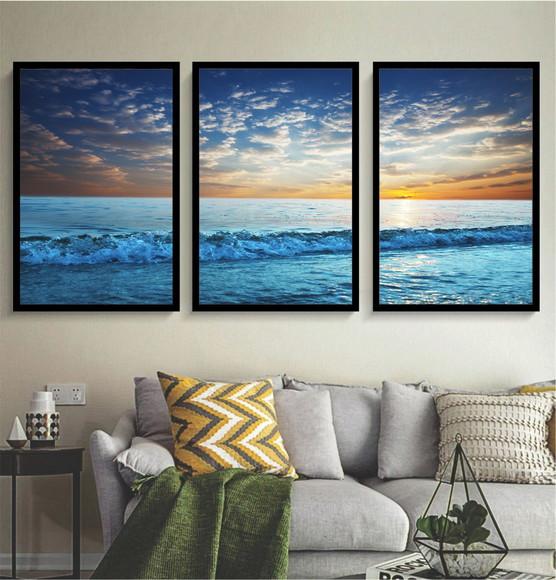 3 Quadros Praia Azul Paisagem Mar Decoração Conjunto Moldura