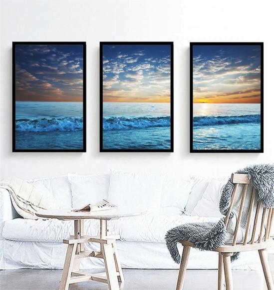 3 Quadros Praia Azul Paisagem Mar Decoração Conjunto Moldura