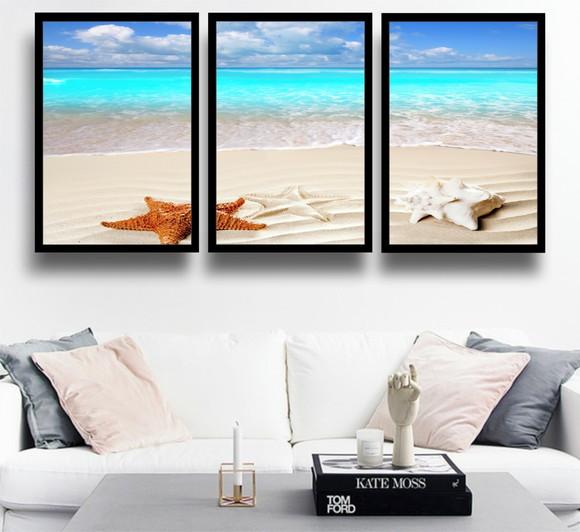 3 Quadros Praia Estrelas Do Mar Paisagem Decoração Moldura