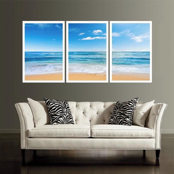 3 Quadros Praia Mar Azul Oceano Decoração Paisagem Molduras