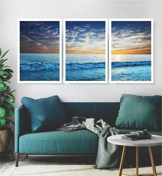 3 Quadros Praia Mar Azul Paisagem Decoração Conjunto Moldura