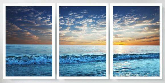 3 Quadros Praia Mar Azul Paisagem Decoração Conjunto Moldura