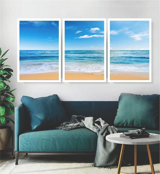 3 Quadros Praia Mar Oceano Decoração Paisagem Moldura Vidro