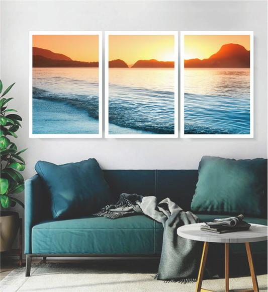 3 Quadros Praia Pôr Do Sol Decoração Paisagem Com Moldura