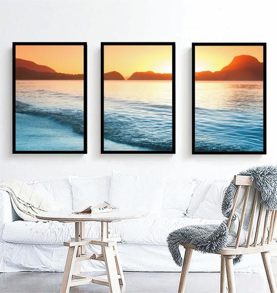 3 Quadros Praia Pôr Do Sol Decoração Paisagem Com Moldura