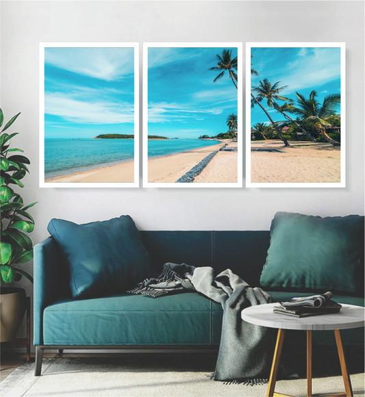 3 Quadros Praia Resort Paisagem Coqueiro Decoração Moldura