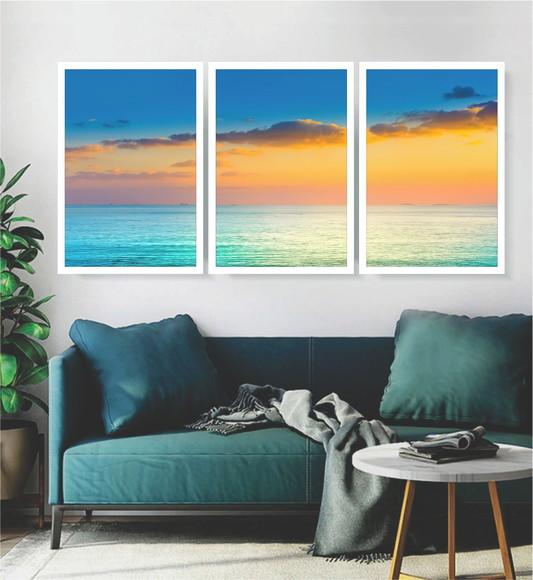 3 Quadros Praias Decoração Paisagem Pôr Do Sol Com Moldura