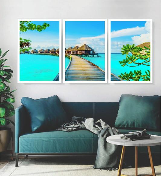 3 Quadros Praias Maldivas Decoração Resort Conjunto Moldura
