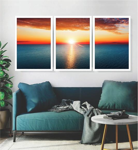 3 Quadros Praias Paisagem Pôr Do Sol Decoração Com Moldura