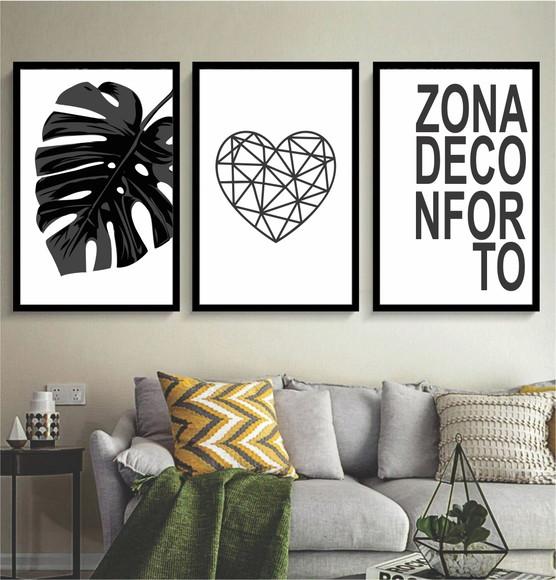 3 Quadros Preto e Branco Decoração Folhagem Frases Molduras