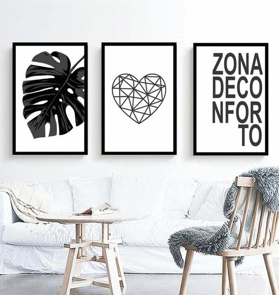 3 Quadros Preto e Branco Decoração Folhagem Frases Molduras