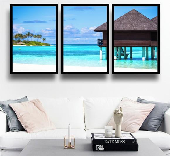 3 Quadros Resort Maldivas Decoração Praias Conjunto Moldura
