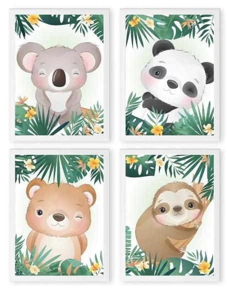 4 Quadros Infantil Desenho Animais Fofo Decoração Molduras