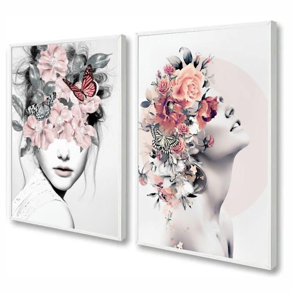 Kit 2 Quadro Decorativo Modernos Mulher Flores com Moldura