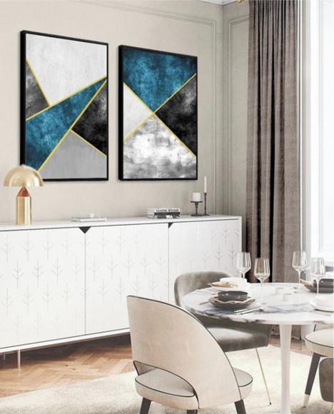 Kit 2 Quadros Abstrato Azul Geométrico Decoração Com Moldura