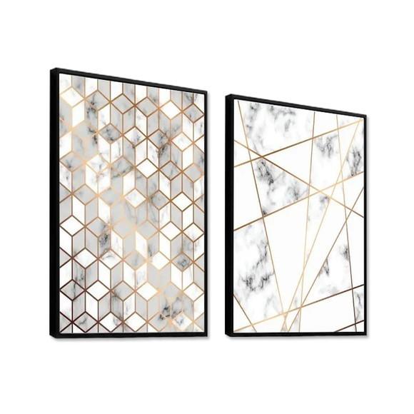 Kit 2 Quadros Abstratos Geométrico Mármore Decoração Moldura