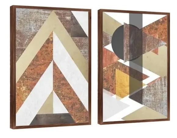 Kit 2 Quadros Abstratos Geométrico Marrom Decoração Molduras