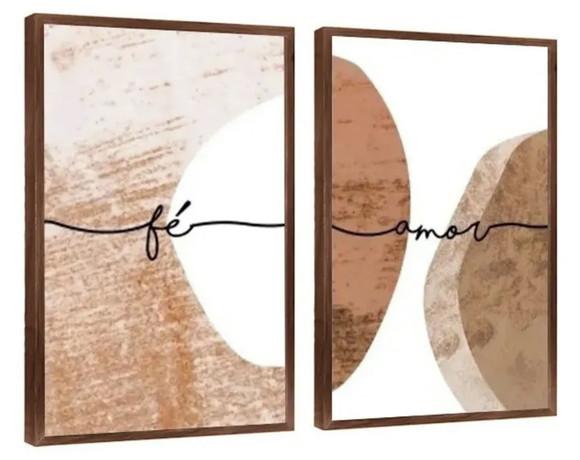 Kit 2 Quadros Abstratos Marrom Frases Decoração Com Moldura