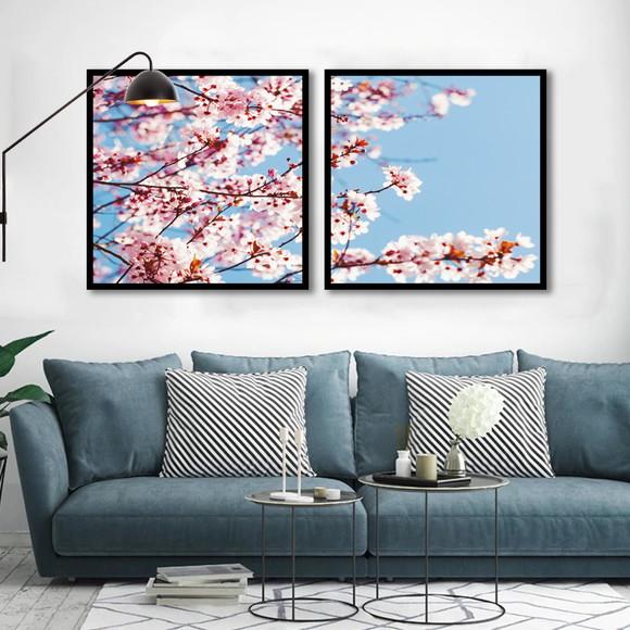 Kit 2 Quadros Arvore Flor De Cerejeira Decoração Com Moldura