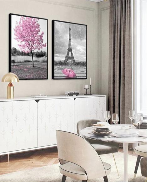 Kit 2 Quadros Arvore Rosa Cidades Paris Decoração Molduras
